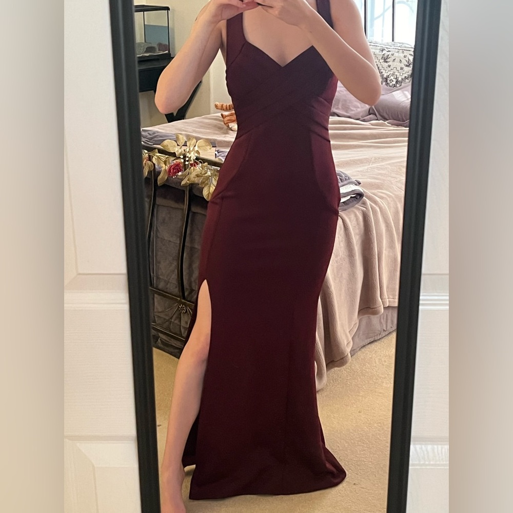Burgundy “Emerald Sundae” thigh slit prom dress - Picture 4 of 16